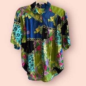 Vintage 90s Colorblock Rayon Blouse – Bold Patchwork Floral Chain Print